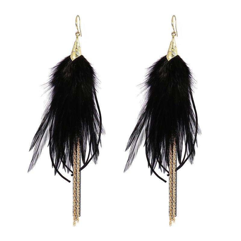 Badu Black Bohemian Feather Dangle Earrings for Women with Shell Beads Long Tassel Design Drop Earrings - Image 1